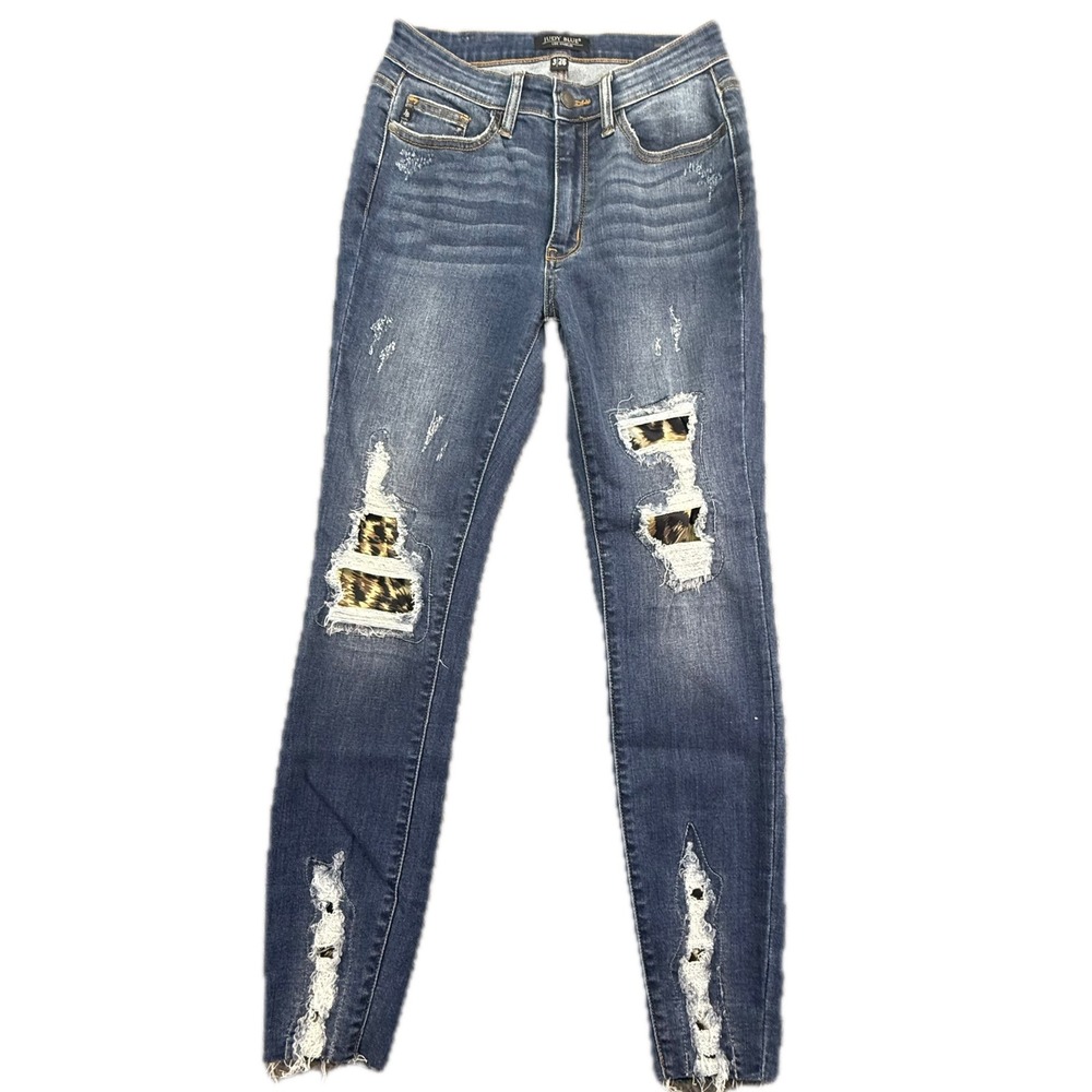 Judy Blue Skinny Jeans Womens 3/26 Blue Distressed Leopard Print Patch JB82166DK